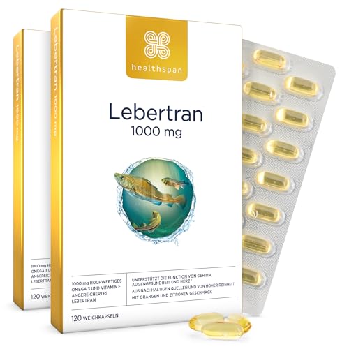 Healthspan Lebertran 1.000 mg | Reich an Omega-3-Fettsäuren DHA & EPA | Vitamin A und D3 | Gehirnfunktion, Augen- und Herzgesundheit | Aus nachhaltigen Quellen (240 Kapsel)