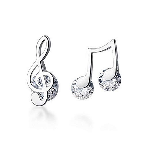 Crystal Music Note Small Sterling Silver Stud Earrings for Women Girls CZ Tiny Cute Asymmetrical Treble Clef Studs Cartilage Dainty Jewelry Birthday Christmas Valentine Gifts