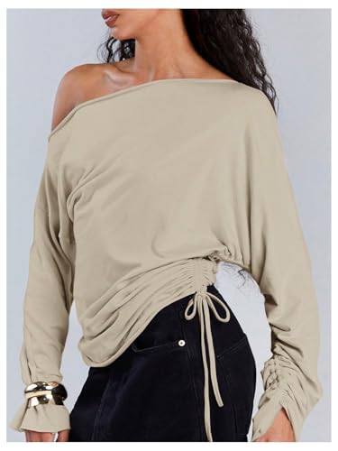 MakeMeChic Y2k Women's Off The Shoulder Long Sleeve Tops Going Out Asymmetrical Trendy Tops Cropped Sweatshirt2