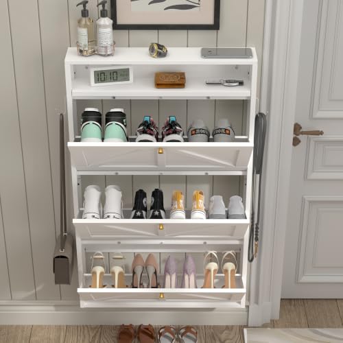 Image of Modern Slim Shoe Organizer, 3 Flip Shoe Cabinet with Open Storage, Narrow Shoe Rack for Entryway, Front Door, Living Room, White
