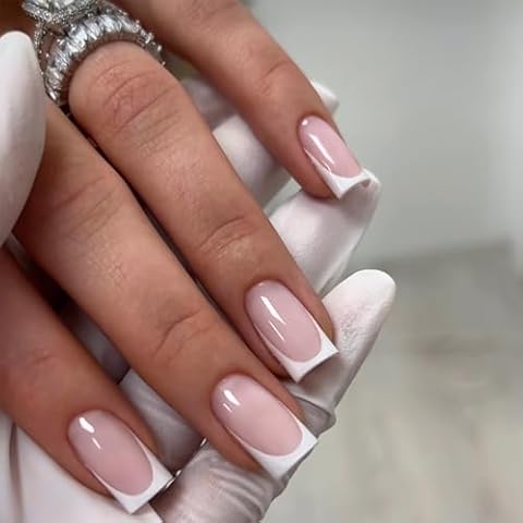 24Pcs French Tip False Nails with Glue Cover