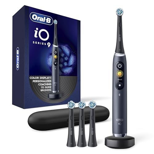 Oral-B Rechargeable Electric Toothbrush, iO9 Genius, 7 Cleaning Modes, Interactive Display, Charging Travel Case, Visible Pressure Sensor, 4 Brush Heads, Black