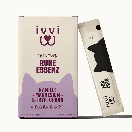 ivvi Ruhe Essenz für Katzen – Anti-Stress Schleck-Snacks mit Kamille, L-Tryptophan & Magnesium – Unterstützt Entspannung & Wohlbefinden – mit echtem Thunfisch – 30 Sticks x 15 g (450 g)