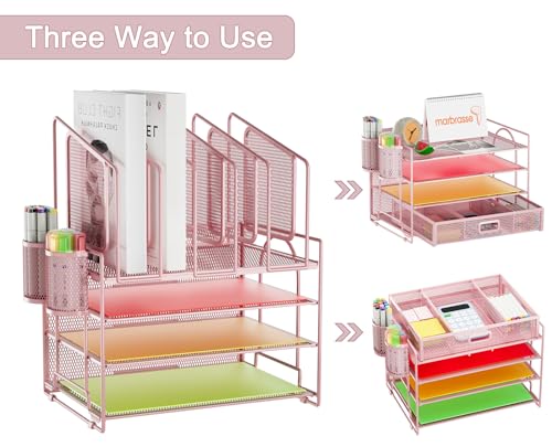Image of Marbrasse Desk Organizers, 4-Tier Mesh Desk File Organizer with 5 Vertical File Holders and 2 Pen Holders, Multifunction Desktop Organizer,Desk Organizers and Accessories for Home Office (Pink)