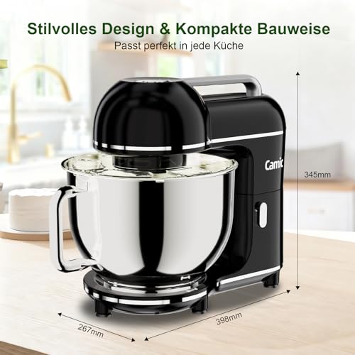Camic Küchenmaschine - 2000W - 10 Geschwindigkeitsstufen mit Tragegriff, Edelstahl Rührschüssel (7L), Knetmaschine mit Rührhaken, Knethaken, Schlagbesen und Spritzschutz