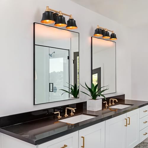 Image of KSANA Bathroom Light Fixtures, 3 Light Black and Gold Powder Room Wall Lights Over Mirror, 22 Inch Modern Farmhouse Metal Vanity Lights