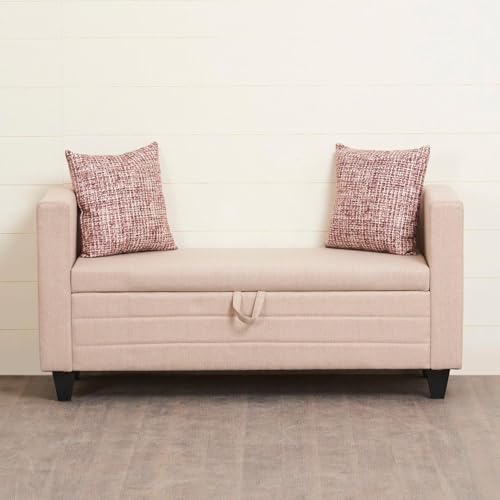 Image of 2 Seater Sofa Bench with Storage | Upholstered Fabric Ottoman Bench with Armrest | Hidden Storage Seating for Living Room Bedroom Entryway | Modern Lounge Bench Footrest Seat | Beige