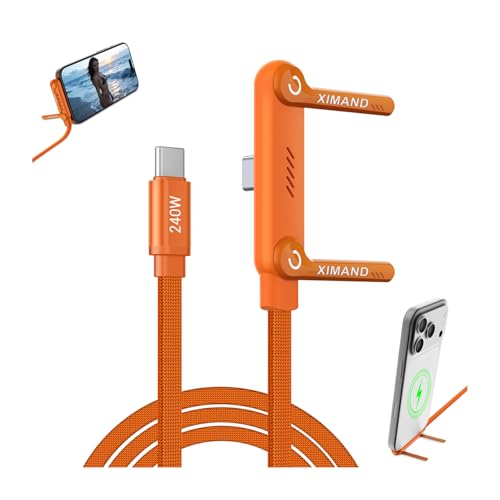 Image of Invisible Holder Charger Cable, 240W Fast Charging Cord, USB-C to USB-C Cable 1.5 M /4.9 FT with 360 Adjustable Metal Stand, 2 in 1 Holder Charger for Gaming, Office, Home, 1 PACK, Orange