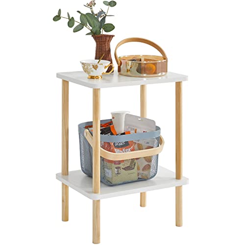 IBUYKE 2-Tier Side Table, Solid Wood Tall End Table with Storage Shelves, Nightstand Bedside Table...