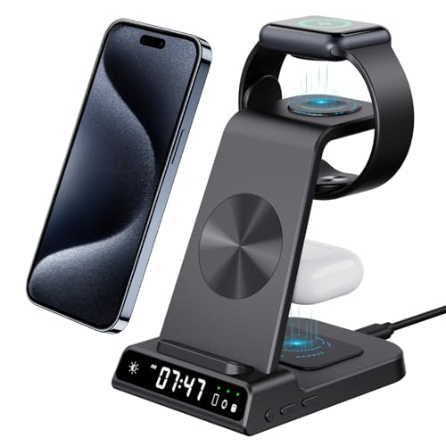 3 in 1 Wireless Charging Station for iPhone Devices with Digital Clock 18W Fast Wireless Charger for iPhone 17/16/15/14 Series