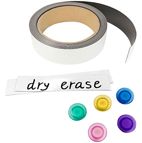 Masacana - Write on Magnets, Dry Erase Magnetic Strip Label Roll, 25 Feet Long x 1 Inch Wide, Comes with 5 Fridge Magnets, Premium Quality Magnets Labels for Shelves, Filing Cabinet, Whiteboard