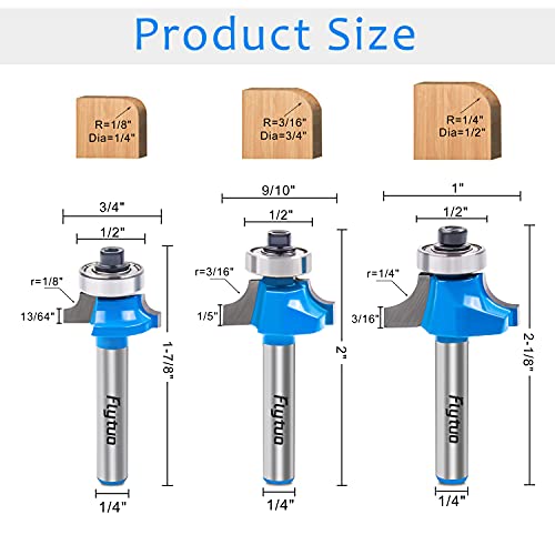 Image of 3Pcs Roundover Edging Router Bit Set 1 /4 inch Shank, Corner Rounding Edge-Forming Router Bit Set, Woodworking Milling Cutter (Diameter: 1 /4 inch, 3 /8 inch, 1 /2 inch, Radius: 1 /8'', 3 /16'', 1 /4'')