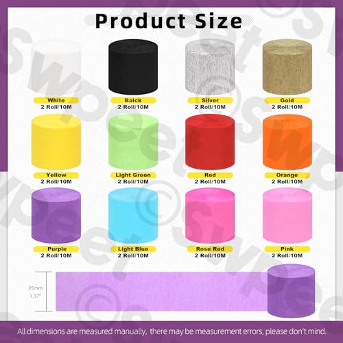 Swpeet 24 Rolos de 12 Cores de Serpentinas de Papel Crepom de 1,37