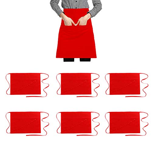 Hi loyaya Large Size Red Waitress Apron with 3 Pockets Half Waist Server Aprons for Women Men Waiter Restaurant Kitchen Red Large