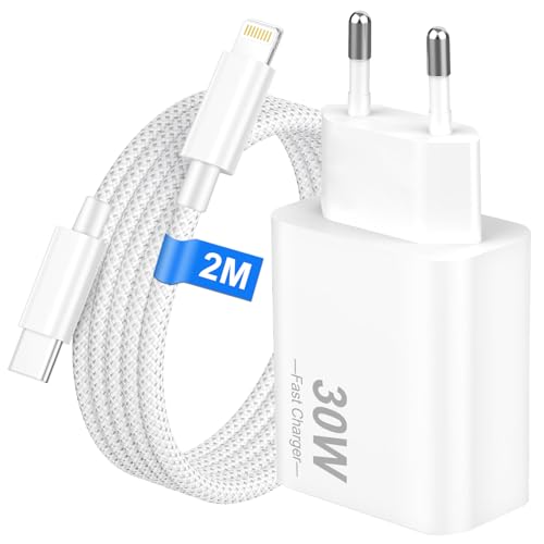 Bamkey Caricatore iPhone Rapido 30W con Cavo Lightning 2M in Nylon Intrecciato per iPhone 14 13 12 11 Pro Max SE, Alimentatore USB C Presa Muro e Cavo USB C a Lightning 2 Metri per iPad, PD 3.0,Bianco