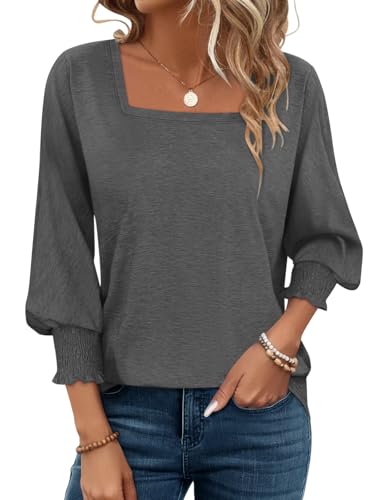 PGANDS Women's 3/4 Sleeve Tops Square Neck Spring Summer Casual Smocked Cuffs Shirts
