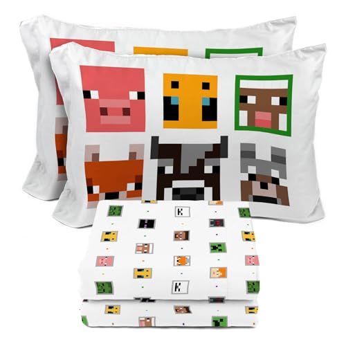 Image of Sunny Side Up Minecraft Creeper & Animals Full Sheet Set - 4 Piece Kids Bedding Set Includes Pillow Cover - Super Soft Microfiber Sheets