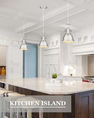 Image of 2-Pack Brushed Nickel Pendant Lights Kitchen Island, Metal Shade | 6 inch Vintage Kitchen Pendant Lighting over Island for Dining Room, Rustic Style, Adjustable Height, E26 Base, AD-2151-1P2-SN