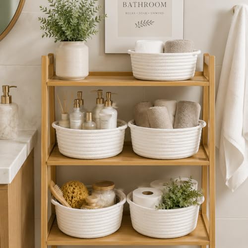 Image of Small Woven Baskets with Handle, Set of 3 Cotton Rope White Baskets for Organizing, Cute Mini Tiny Decorative Boho Round Storage Basket Bathroom Organizer Bin, Empty Gift Basket for Birthday Nursery