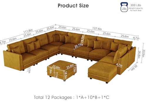 Image of LLappuil 11-Seat Modular Sectional Sofa with Storage, Oversized V-Shaped Corduroy Couch with 10 Throw Pillows, Pet-Friendly Convertible Pit Sofa for Large Living Room, Skin-Friendly, Yellow
