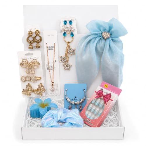 Image of CSN - CUTE SHOPPING NETWORK Women's Gift Hamper, 10-Piece Jewelry & Hair Accessories Gift Set for Women, Pendant Necklace, Bracelet, Earrings, Hair Bow, Scrunchie, Hair Claw, Press-On Nails, Birthday, Rakhi Gift for Sister