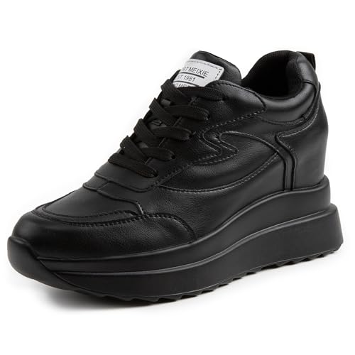 Image of AONEGOLD Platform Sneakers High Hidden Heel Sneakers for Women Wedge Leather Upper Fashion Lace up Increasing 3.94 inch
