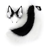 WanwanHut Faux Fur Wolf Ears Headband & Furry Dog Tail Set - Plush, Thickly Fluffed Fox Tail for Furry Costume & Fursuit - Features Wolf Ears, Fox Ears,- Ideal for Cosplay, Halloween, Prom Whiteblack