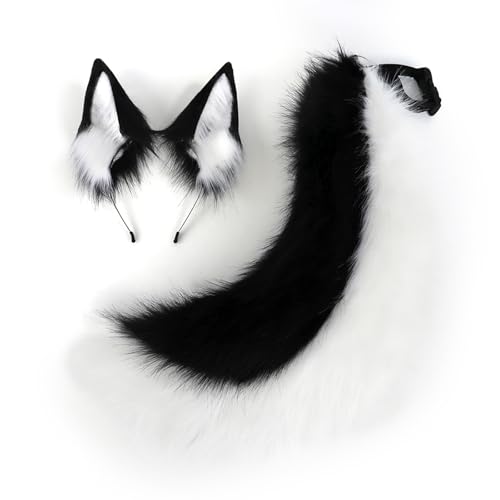 WanwanHut Faux Fur Wolf Ears Headband & Furry Dog Tail Set - Plush Thickly Fluffed Fox Tail for Furry Costume & Fursuit - Features Wolf Ears Fox Ears - Ideal for Cosplay Halloween Prom Whiteblack