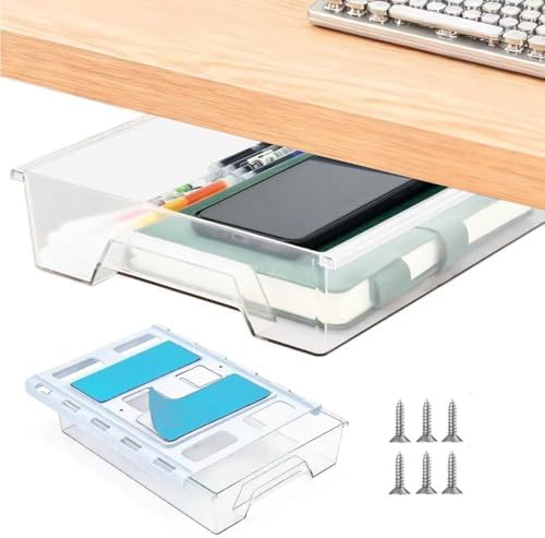 Upgraded Super Capacity 11.85 "x 8.9" Under Desk Strorage Drawer Self-Adhesive Slide Out with Smooth Gliding Motion - Attachable & Space-Saving Hidden Under Desk Organizer Shelf with Screw Kits, Clear