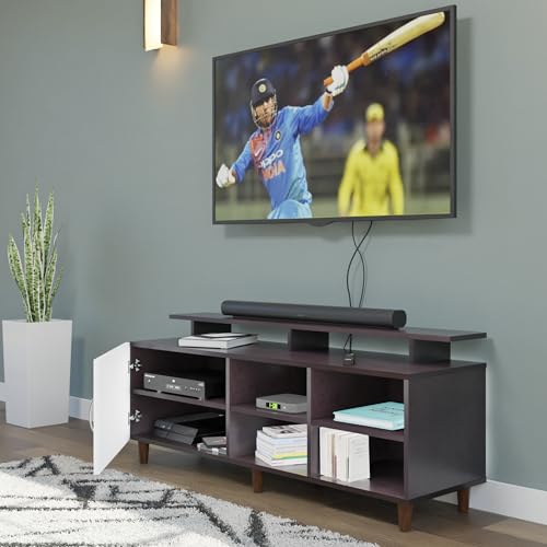 Image of VIKI Modern TV Unit for Living Room | Engineered Wood TV Cabinet with 1 Door Storage, 2 Open Shelves & Extension, Entertainment Unit, 140W x 48H x 40D cm | DIY | 1 Year Warranty (Wenge & White)