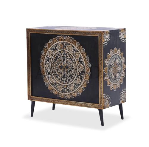 Image of APRODZ Hand-Painted Solid Wood Sideboard Cabinet with 2 Doors | Wooden Storage Cabinet for Bedroom Living Room & Kitchen | Crockery Cabinet, Kitchen Storage | Multicolor, 34x16x38 Inches