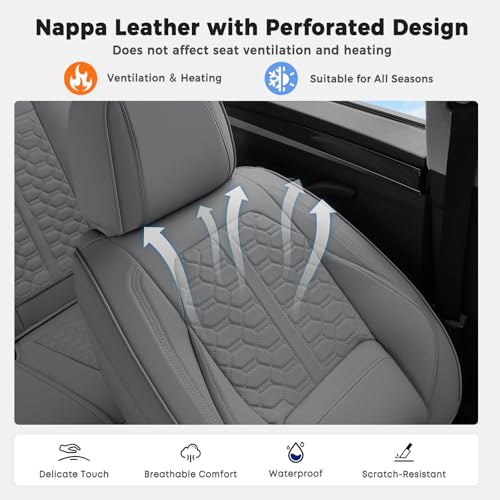 Image of Huidasource Gray Car Seat Covers Full Set, Full Coverage Nappa Leather Seat Cover, Front and Back Seat Covers 5 Seats Universal Fit for Most Cars SUV Trucks, Car Seat Cushion Protector