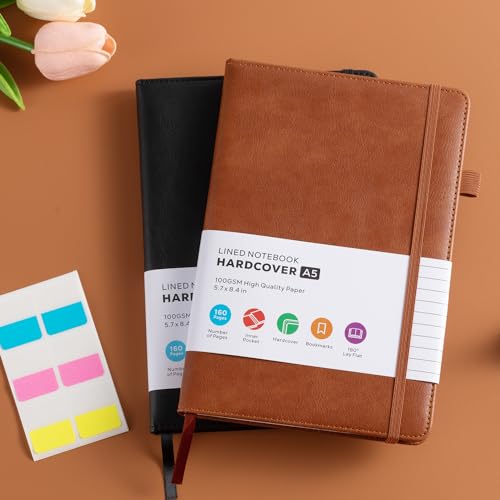 2 Pack Journal Notebook, Hardcover A5 Diary Journal for Women/Men Work, Leather Notebooks for School Supplies, 100GSM Lined Paper, No Bleed, Inner Pocket, Brown Black image 4