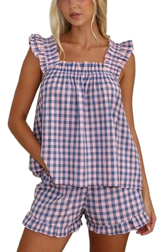 Image of ROAONOCOMO Women Floral Pajama Set Ruffle Babydoll Cami Top Coquette Pj Set Gingham 2 Piece Shorts Outfit Bridal Loungewear