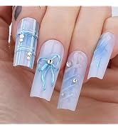 MqpQ Blue Chrome Bow Long Square Press On Nails 3d Gel Naturals Fake Nails Sea Water Handmade Des...