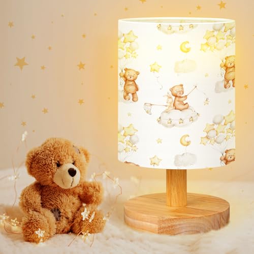 Image of VIHOSE Bear Kids Table Lamp for Bedroom Kids Bedside Lamp with Linen Wooden Nightstand Cartoon Nursery Lampshade for Girls Boys Living Room