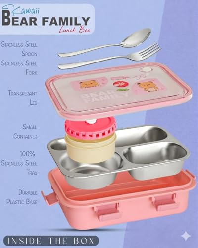Image of KAVANA Lunch Box 3 Compartment Leak-Proof BPA Free Stainless Steel, Lunch Box for Kids, Lunch Box for School & Office with a Fork, a Spoon (Blue), 750 ml (Pink)
