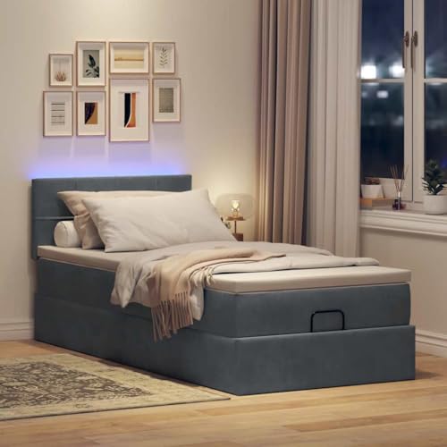IKAYAA Boxspringbett 100x200 mit matratze und LED Boxspringbett mit Bettkasten und Matratzentopper Bett mit Stauraum Polsterbett 100x200 Bettgestell mit Lattenrost-Dunkelgrau-100 x 200 cm-Typ 2