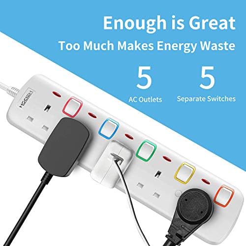 3M Extension Lead 5 Way/5 Gang Individually Switched with Indicator Light,13Amp UK Power Extension Cord by Mscien
