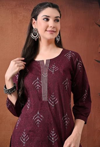 Image of Ichaa Women's Pure Cotton Embroidered Round-Neck Ethnic Kurta with 3 /4th Sleeve for Daily and Office Wear, in Plus Sizes
