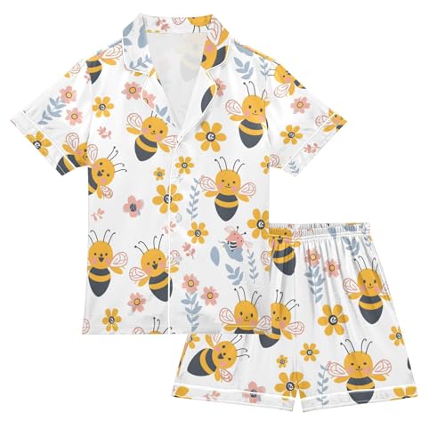 ALAZA Cute Funny Bee Pajamas Satin Pajama Set Short Sleeve Button Down Sleepwear