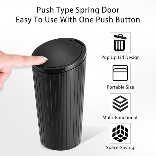 Image of Soko 2 PC Plastic Mini Car Trash Can With Lid, Small Portable Garbage Bin, Car Accessories, Leakproof Vehicle Cup Holder Waste Storage For Car, Home, Kitchen, Office - Black, Press-Top