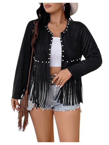 SHENHE Women's Plus Size Fringe Jacket Faux Suede Rivets Open Front Studded Western Cropped Cardigan