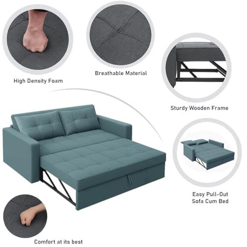Image of CASASTYLE Trissa 2 Seater Pull-Out Premium Fabric Sofa Cum Bed Sofa Set for Living Room (Sky Blue Fabric-Color)