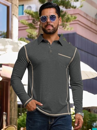 Mens Fashion Polo Shirts Classic Long Sleeve Basic Button Tees Stylish Tops Golf Shirts with Pocket3