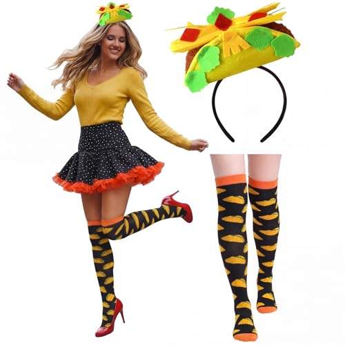 Newcotte 2 Pcs Taco Costume for Women Taco Headband & Sock set tacos hats for adults Food Crazy Funny Hats for Taco-tuesday Halloween Dress up Party Theme Activities