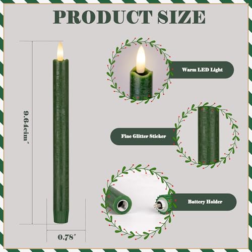 Image of JOIONE Green Flameless Taper Candles with Remote, 3 Pack Christmas Decor | Battery Operated LED, Real Wax, Remote Control, Warm Flickering Glow, Safe Christmas Home & Party Decor