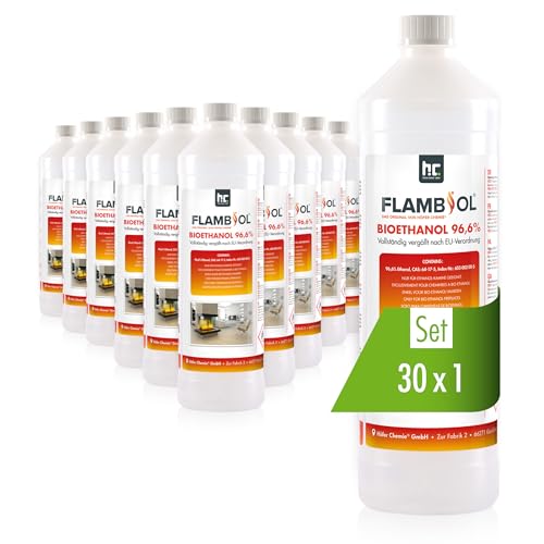 FLAMBIOL Bioéthanol 96,6% Premium 30 x 1 L - pour Cheminée de Table, Cheminée & déco de Jardin - sans Fumée ni suie - A Base de maïs & de Betteraves