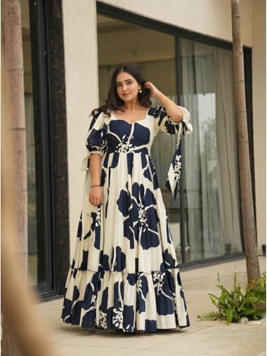 Image of Modestouze Attires Women's Floral Pattern Rayon Blend Maxi Dress with Sweetheart Neck Half Puff Sleeve Floor Length and Zipper Closure Type | Maxi Dress for Women Stylish | Dress for Women