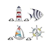 Acxico 4Pcs Creative Metal Cartoon Brooch Set Sailboat Lighthouse Rudder Tropical Fish Shape Lapel Pin Jacket Denim Collar Backpack Pin